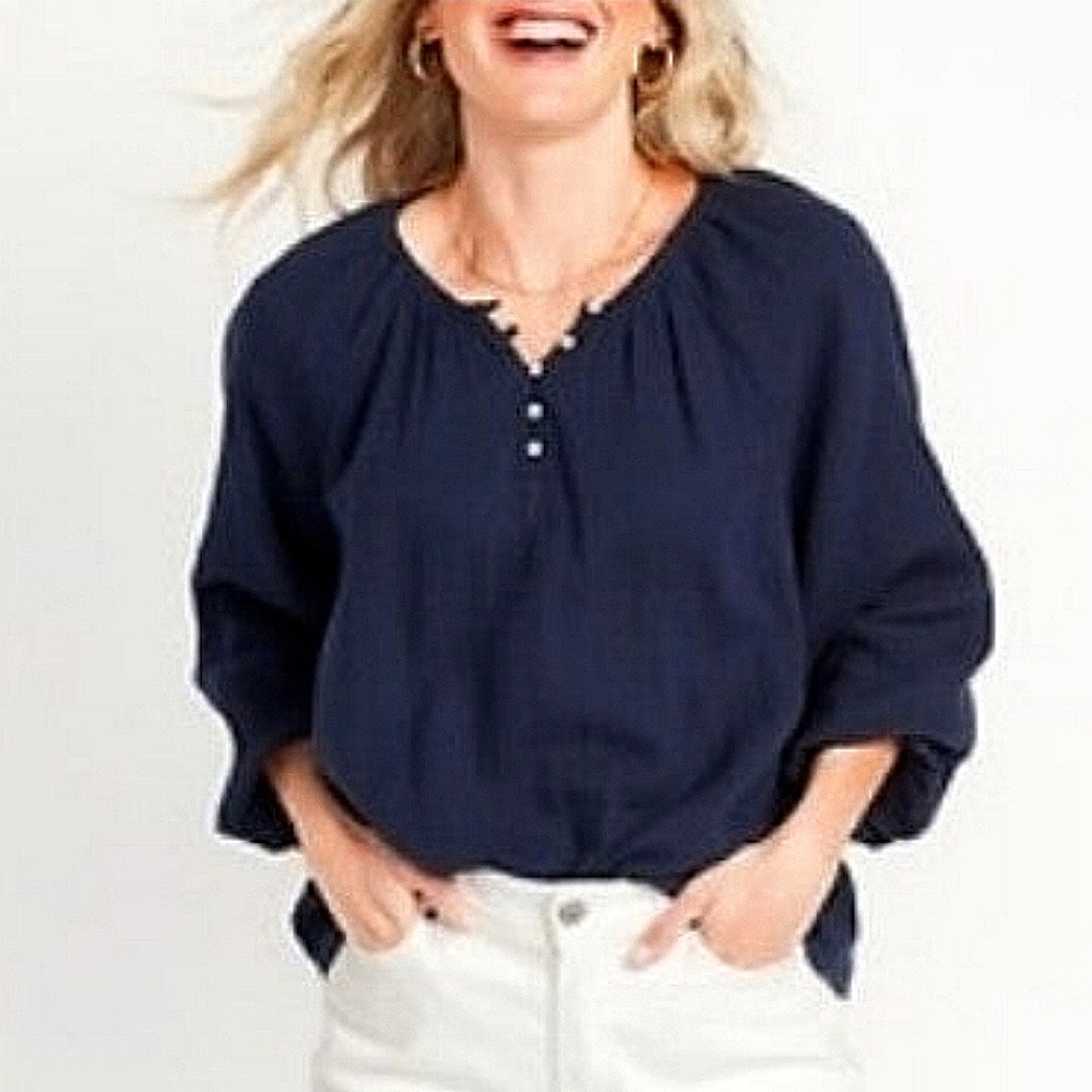 Shirred Double-Weave Long-Sleeve Blouse